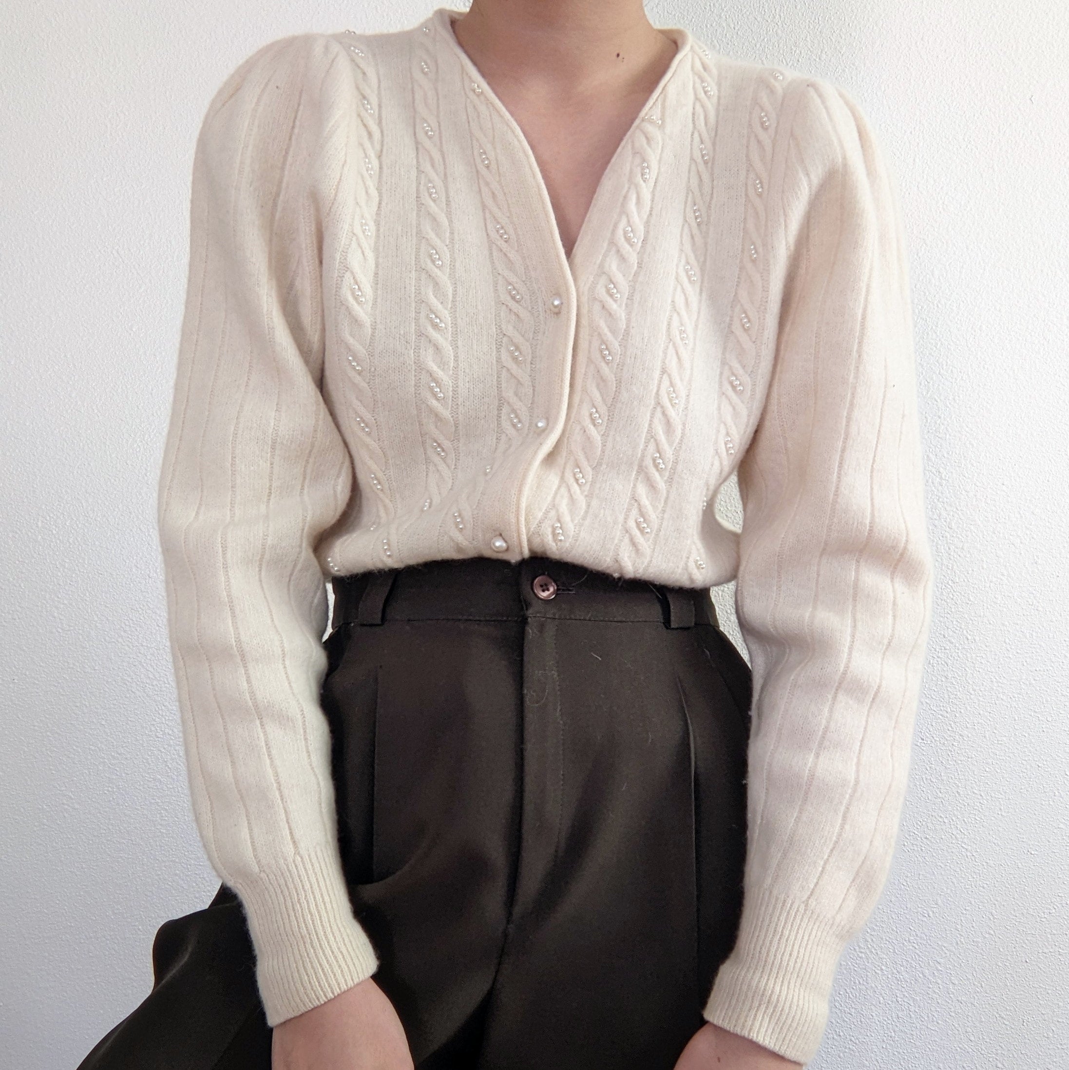 lambswool cream pearl knit cardigan nomi vintage